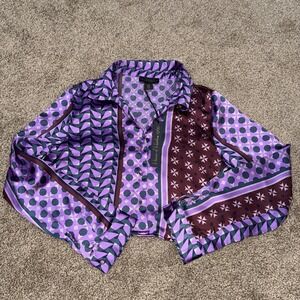 NWT House of Harlow Crop Long Sleeve Shirt Boho Am Purple Geometric Palazzo MED